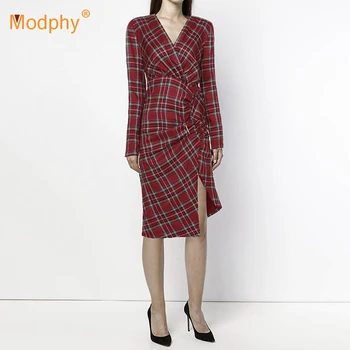 

2019 Spring and Winter Women's Elegant Wine Red Dress Sexy Long Sleeve V-Neck Draped Dress Celebrity Runway Party Dress Vestidos