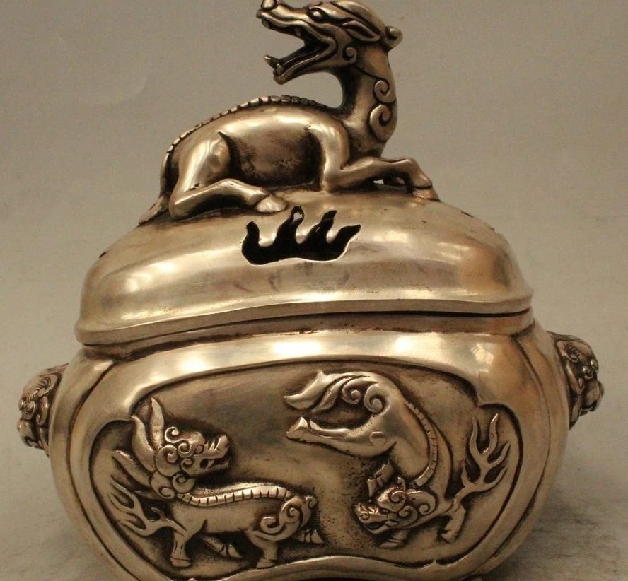 

8" China Dynasty Palace Silver Dargon Beast Kylin Foo Dogs Incense Burner Censer