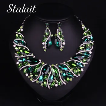 

Luxury Austrian Crystal Wedding Bridal Jewelry Sets Green Tree Rattan Statement Necklace Earrings Set