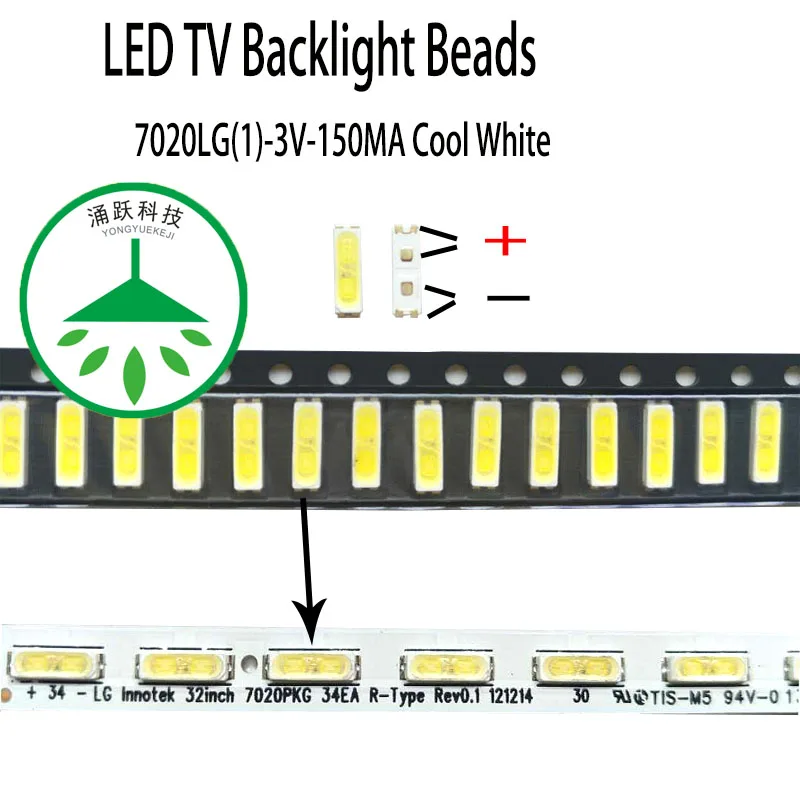 100Pcs/lot new 7020 3v 150ma lamp beads cool white for repair led tv backlight light bar chip hot