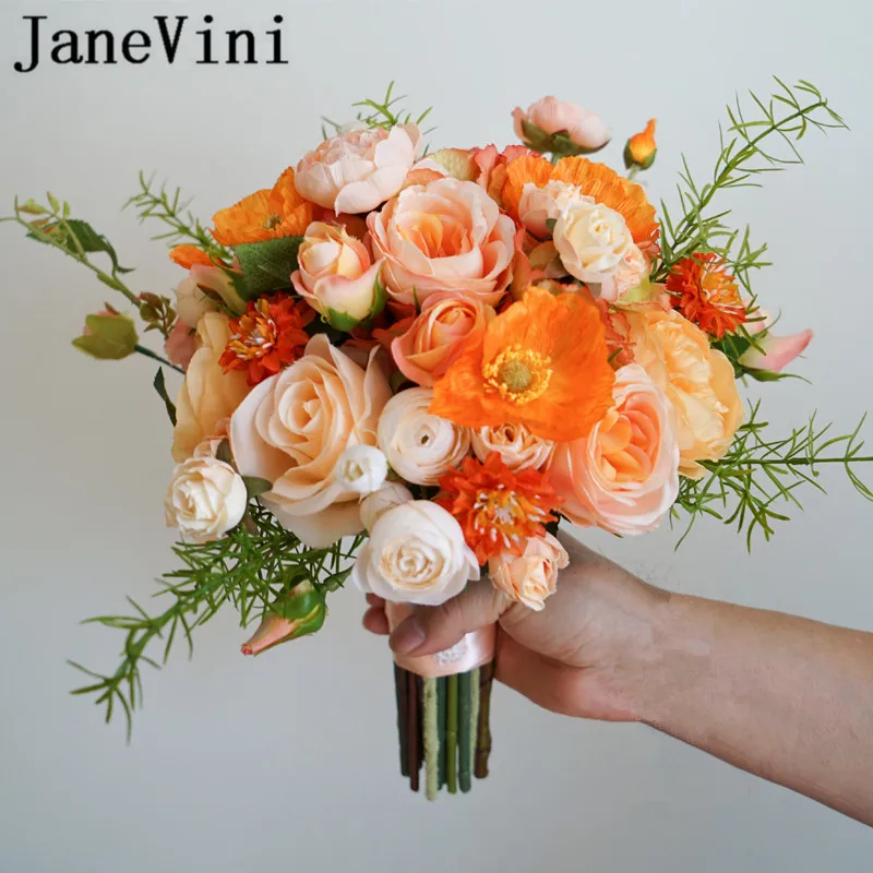 

JaneVini 2019 Orange Wedding Flower Bouquet Artificial Rose Silk Flowers Brides Bouquets Lace Bridal Brooch Mariage Trouw Boeket