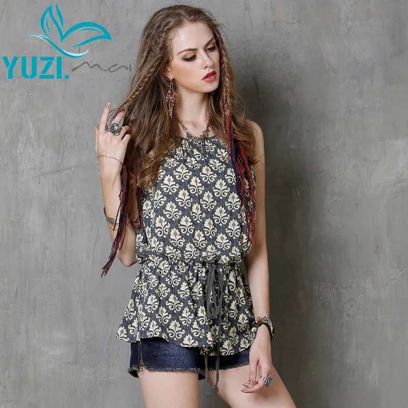 

T Shirt Women 2017 Yuzi.may Boho New Cotton Tops Sleeveless O-Neck Floral Print Drawstring Waist Patchwork T-shirts B9211