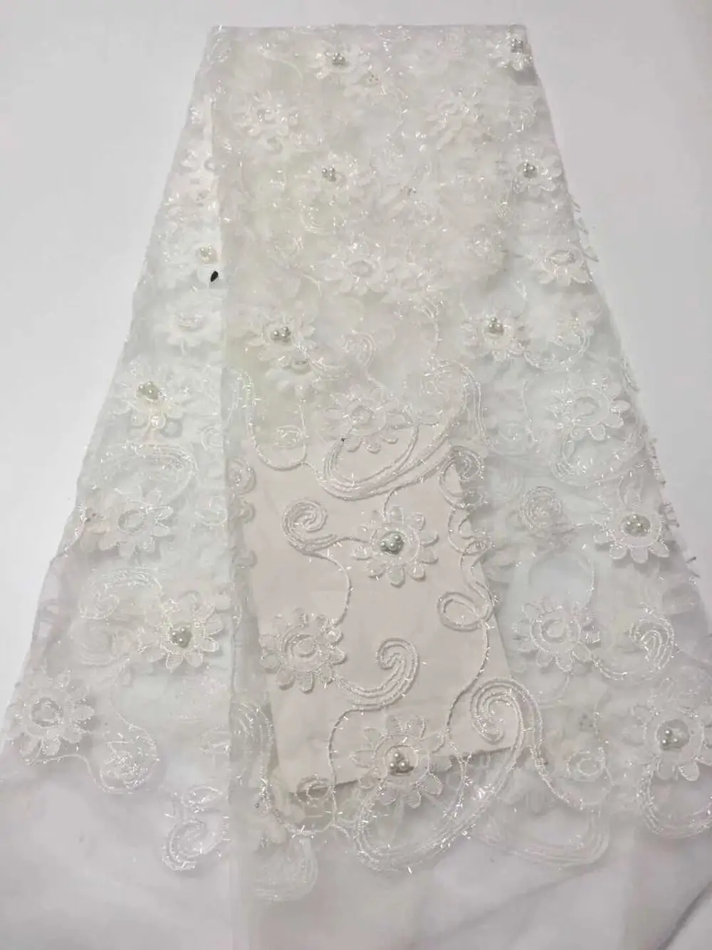 

African Flower Embroidered Tulle Lace, beads sequins Pearls African Lace Fabric 2018 High Quality Lace Powder Blue