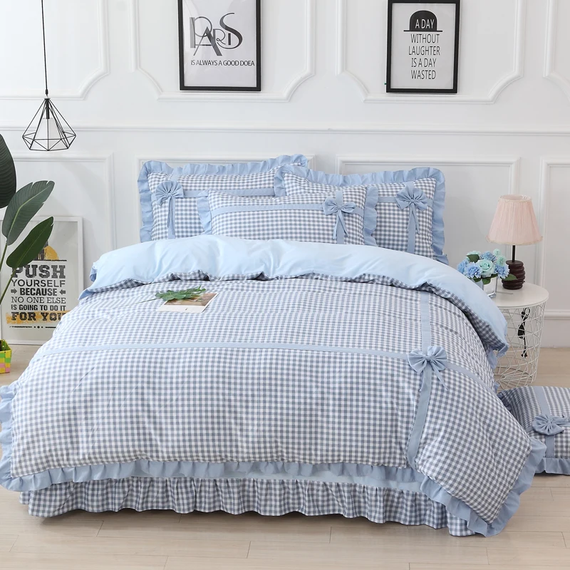 cheap Knitted cotton AB side Soft Bedclothes Princess style Bedding Set King Queen Twin Size Girls Duvet cover set Pillowcases