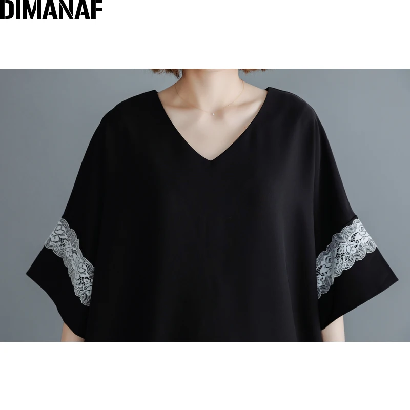 DIMANAF Plus Size Women Dress Vintage Big Size Lady Vestido Elegant Spliced Lace Summer Sundress Loose Female Clothes Black