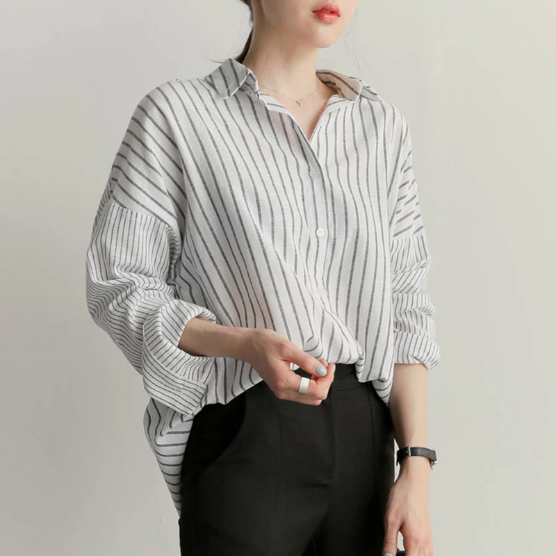 

Shintimes Blusas Plus Size Loose White Striped Shirt Long Sleeve Blouse Autumn 2018 Womens Tops And Blouses Casual Chemise Femme