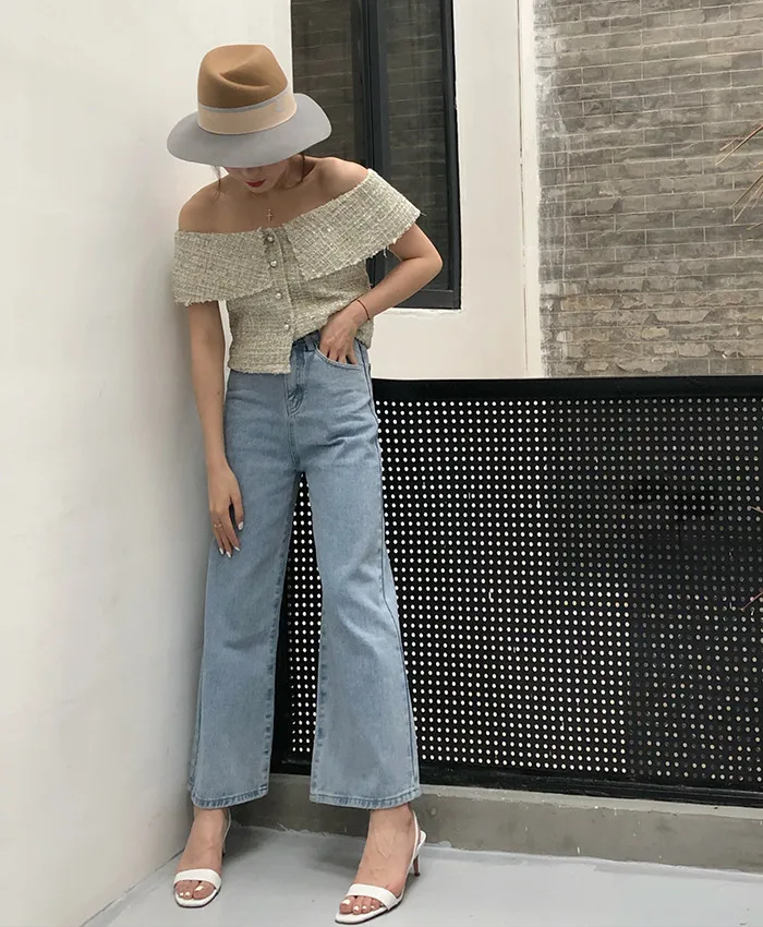 WHITNEY WANG 2019 Spring Summer Fashion Streetwear Sexy Slash neck Tweed Blouse Women blusas Shirt Tops