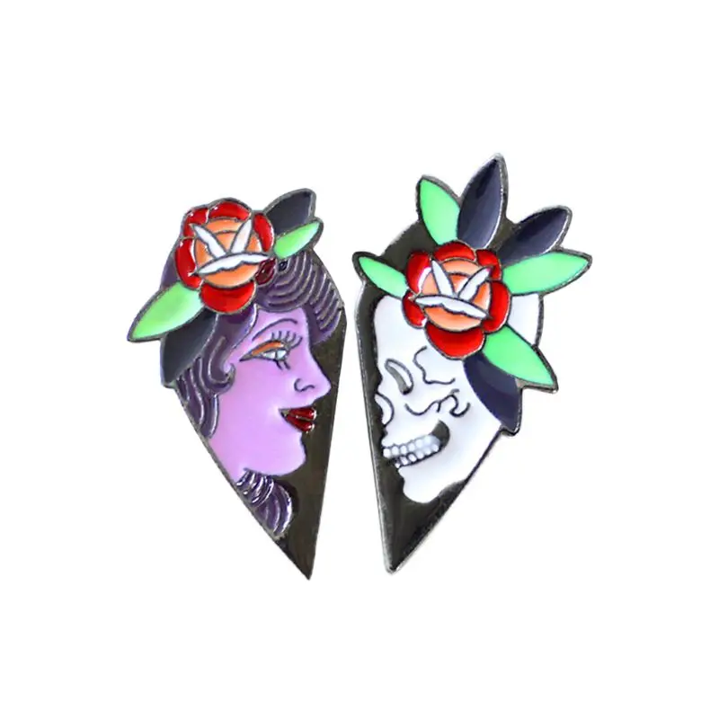 

2Pcs Punk Brooch Women Flower Skull Lady Fancy Fashion Pins Badge Enamel Jewelry Lapel Creative Collection Decoration 2019 Gifts