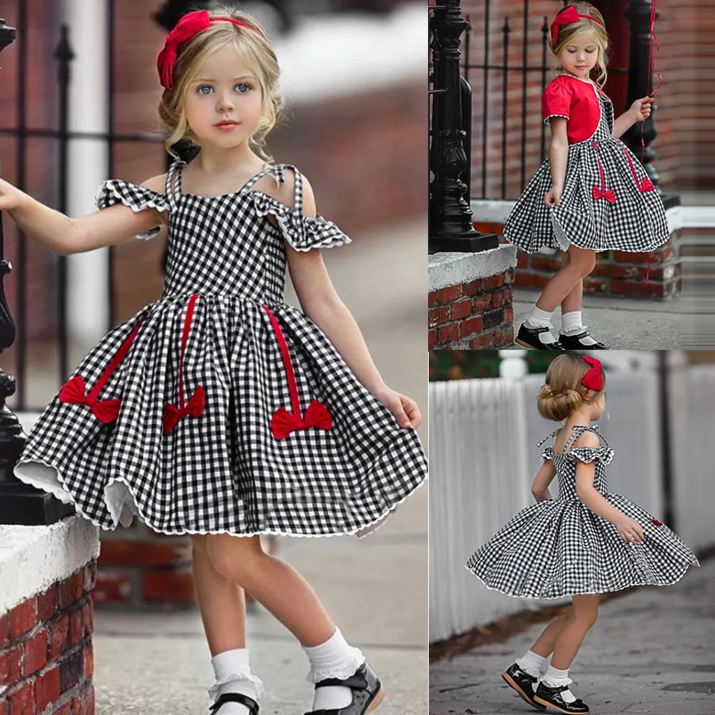 

Toddler Baby Girls Off Shoulder Plaid Print Dress Ruffles Bow Dresses Clothes 2019 Spring Baptism princess birthday party