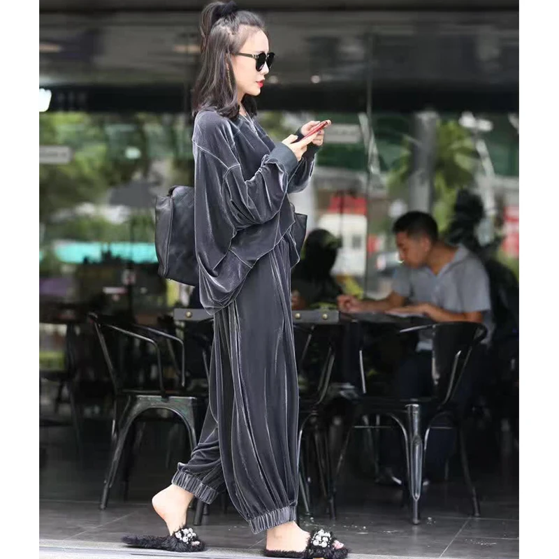 

2 piece set women Suit female 2019 autumn new lady street velvet cardigan and jacket casual suit solid coat +pant suit
