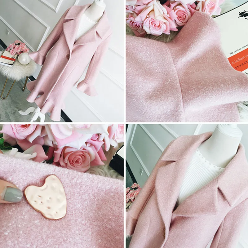 Для женщин средней длины Повседневное Топы Зима Смешанные шерстяное пальто с расклешенными рукавами, рукав "лист лотоса"; красивая удобная верхняя одежда IOQRCJV F5