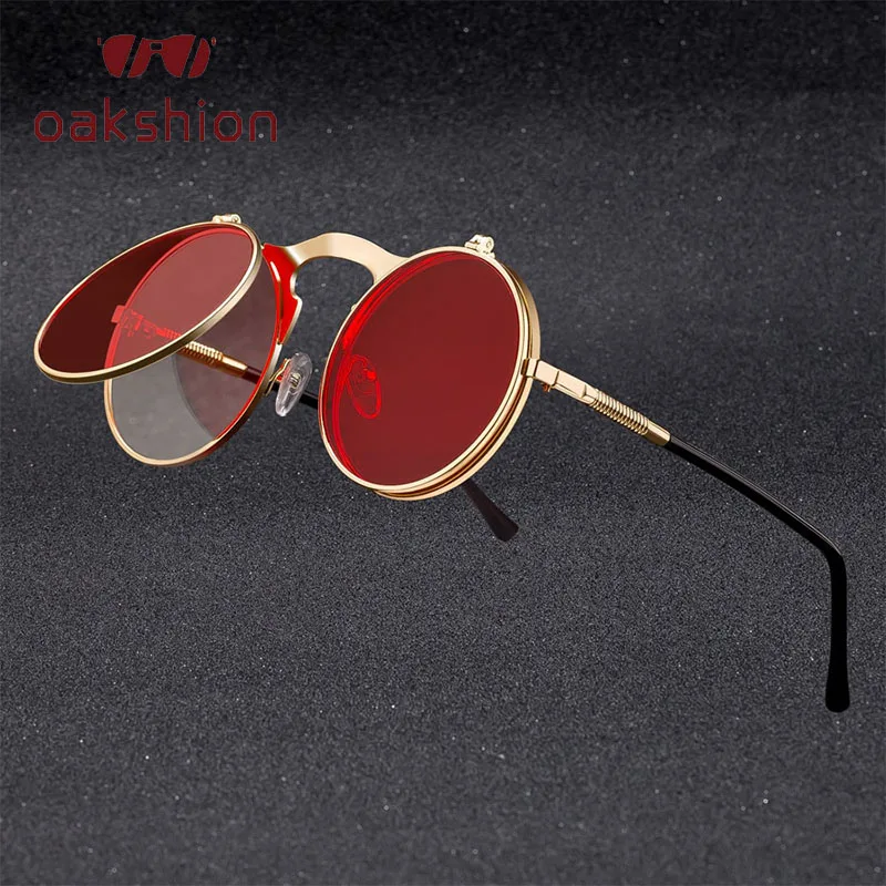 

oakshion Vintage Steampunk Flip Sunglasses Retro Punk Round Metal Frame Clamshell Double Lens Sun Glasses For Men Women Glasses