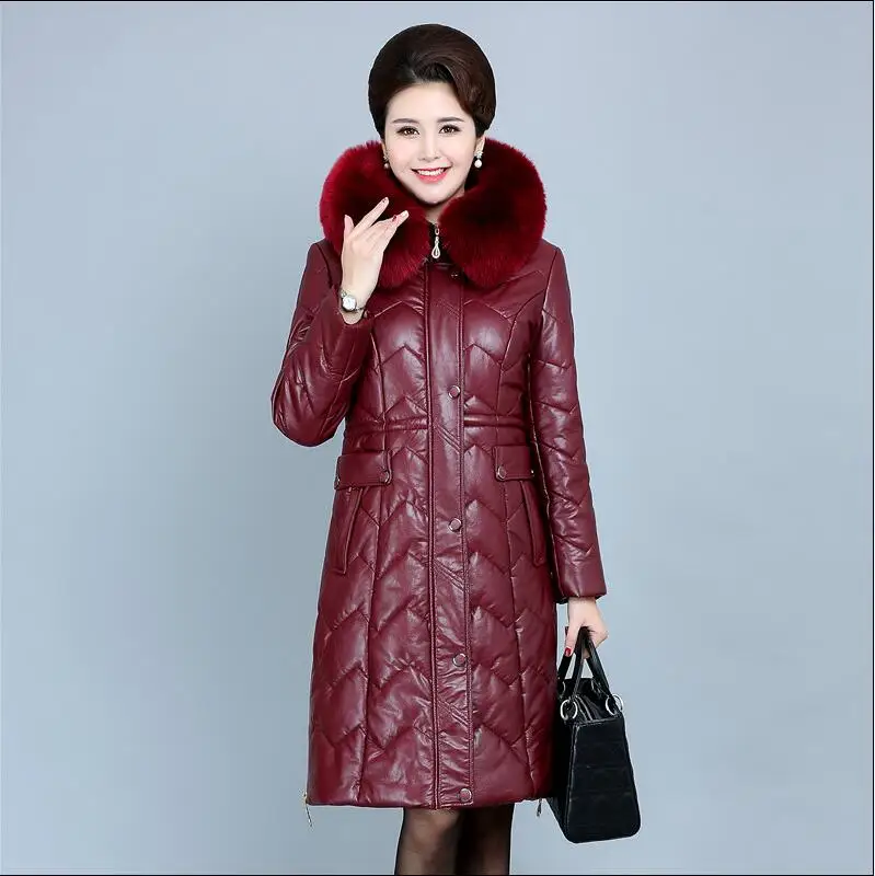 Winter Soft Leather Thicken Warm Jacket Women New PU Parka Large Fur Collar Coats Female Long Parkas Outerwear Large Size 6XL - Цвет: Бургундия