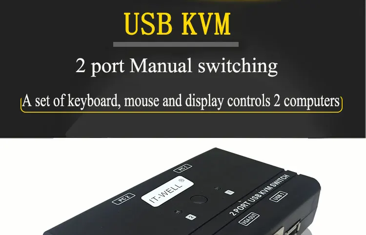 IT-well 2 порта KVM переключатель управления 2 ПК Хост 1 Набор USB клавиатура мышь и VGA монитор мульти ПК управление оригинальным кабелем