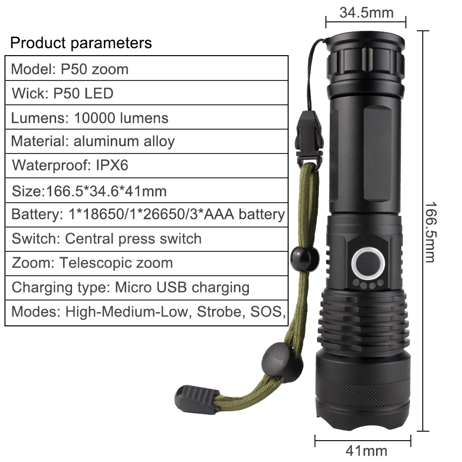 XHP50 3000LM светодиодный фонарик USB Перезаряжаемый масштабируемый тактический