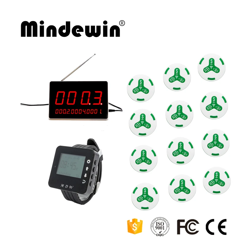 

Mindewin 2017 Wireless 1 Wrist Watch Receiver +1 LED Display +12 Call Button For Fast Food Shop Restaurant Calling Paging System