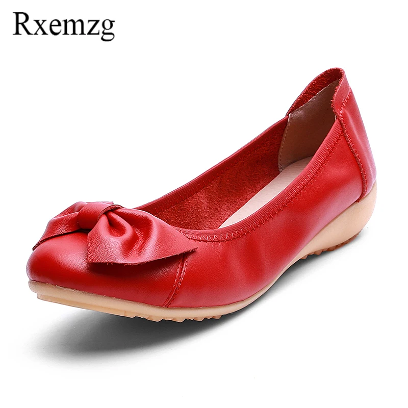 

Rxemzg Genuine leather flat shoes 2018 new fashion bowtie slip on shoes woman loafers female comfortable soft casual flats red