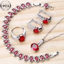 Свадебные Ювелирные наборы для женщин, серьги, свадебное серебро 925, ювелирные изделия для костюма, красные камни CZ, кольца, браслет, ожерелье, набор, подарочная коробка