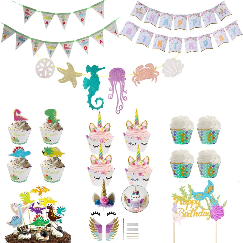 

Happy Birthday Cake Topper Unicorn Mermaid Dinosaur Party Cupcake Wrapper Garland Birthday Party Decorations Kids Favor