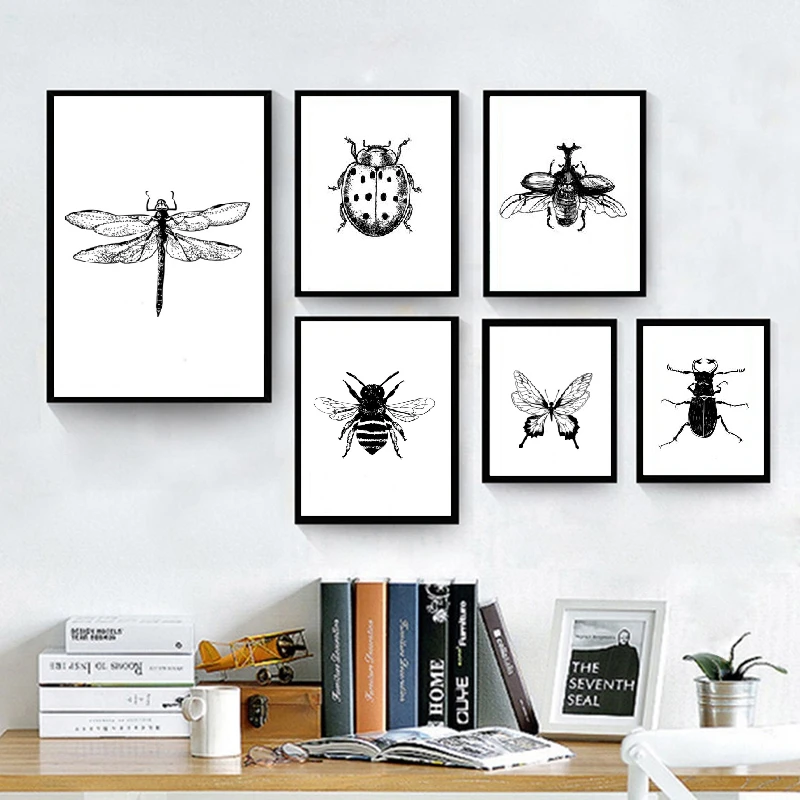 Insects ink Drawing Canvas Art Posters and Prints Ladybird Butterfly  Nursery Wall Art Painting Pictures Kitchen Home Wall Decor