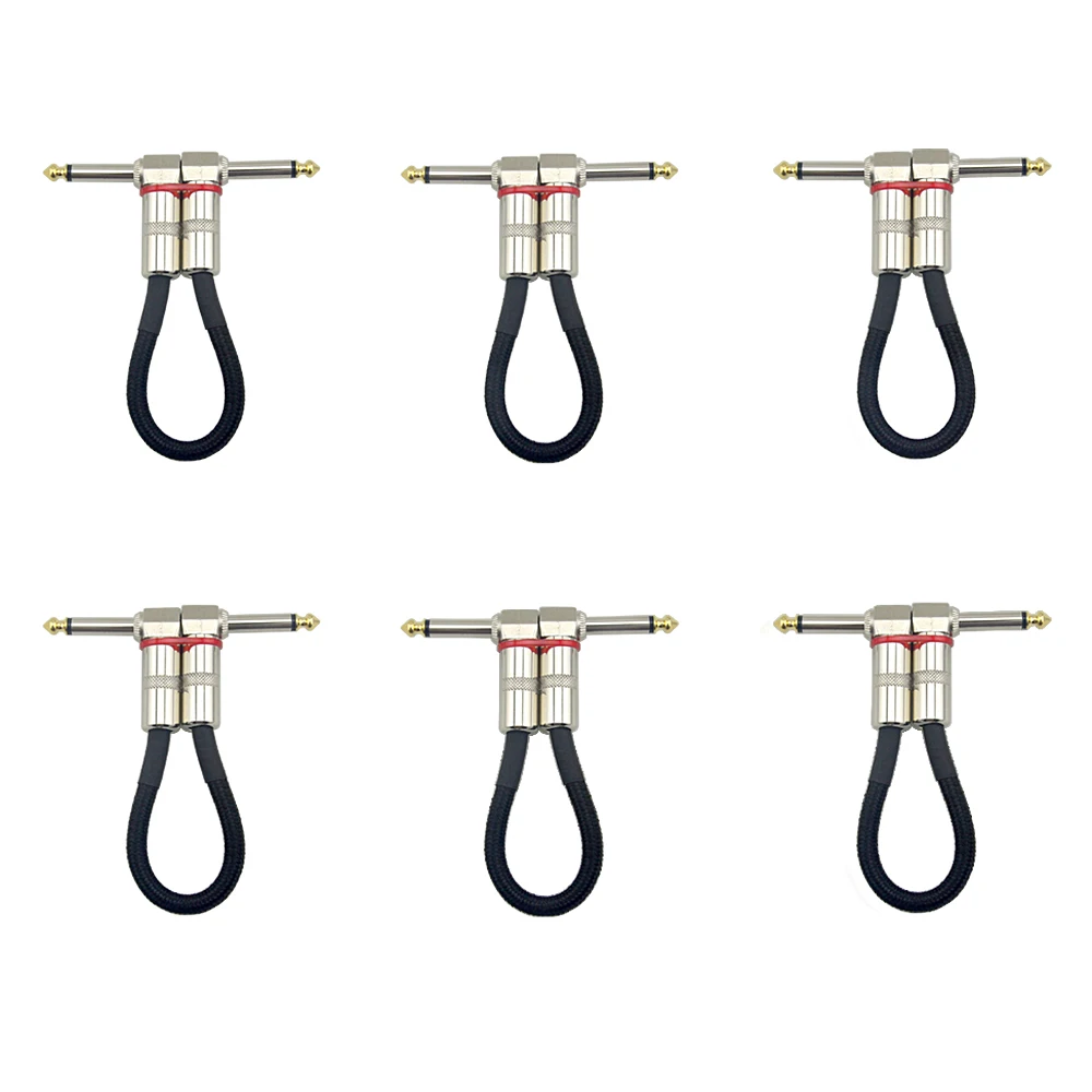 6 X 기타 패치 페달 케이블 15/21/30cm/40cm 0.5 피트 길이, 1/4 인치 6.35mm 골드 직각 플러그 블랙 우븐 재킷