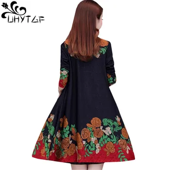 

UHYTGF Autumn trench coat Womens fashion folk-custom printing Cardigan shawl thin outerwear Long sleeve loose plus size coats 83