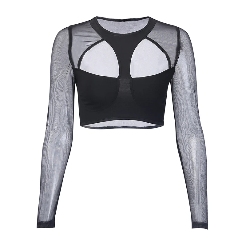 

Summer Mesh Swimwear Crop Tops Sexy Women Hollow Out Sheer See-through Long Sleeve Beach Tops Bra Cover-Ups 2019 Bathing Suit