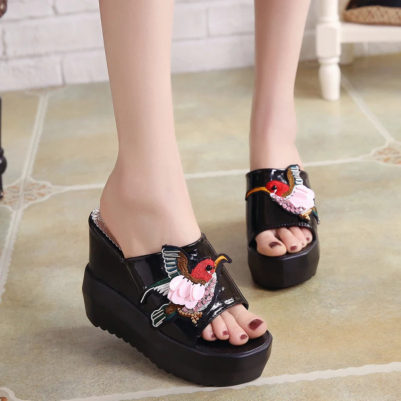 

Lucyever Women Slipper 2019 Summer PU Leather Shoes Woman Thick Bottom Wedges Fashion Female Slides Embroidery Peep Toe Shoes
