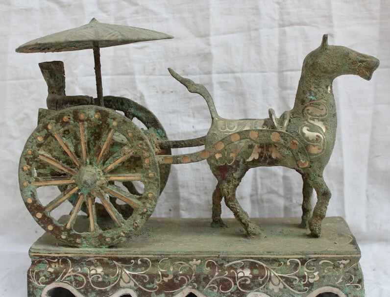

Collectible bronze S2005 13" China Chinese Bronze Silver Dynasty Palace Horse Pull Carriage & Man Statue B0403