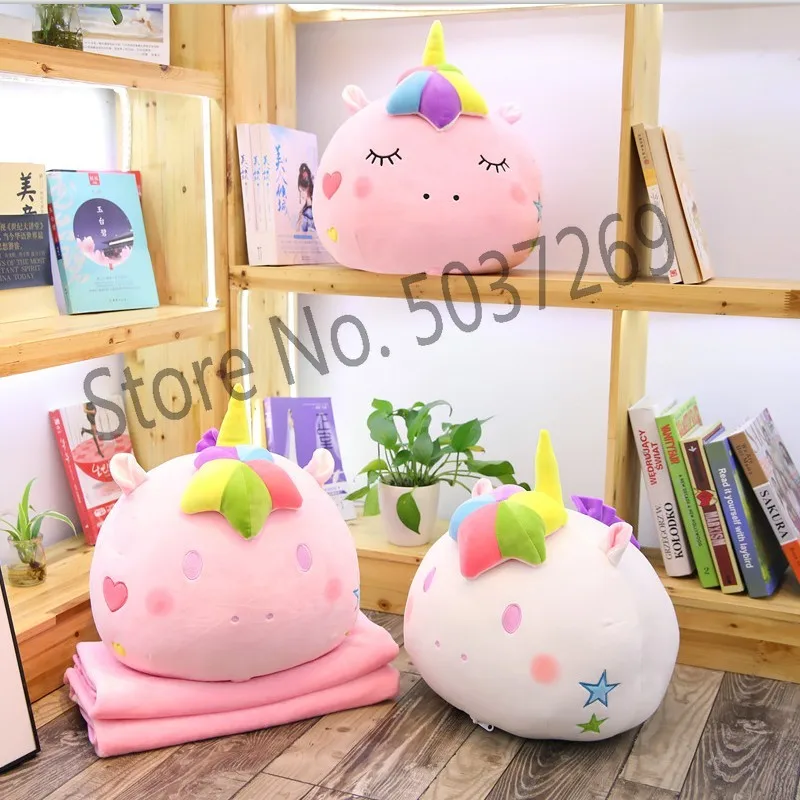 

New to color unicorn filled 2 in 1 pillow inner blanket, soft plush rainbow unicorn head children's toys