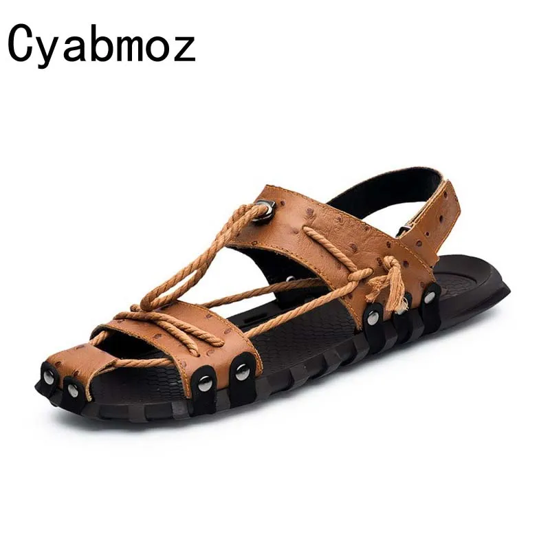 Cyabmoz/мужские летние сандалии из натуральной кожи; большие размеры 38-47; мужская обувь ручной работы; стильная удобная Пляжная обувь на плоской подошве;