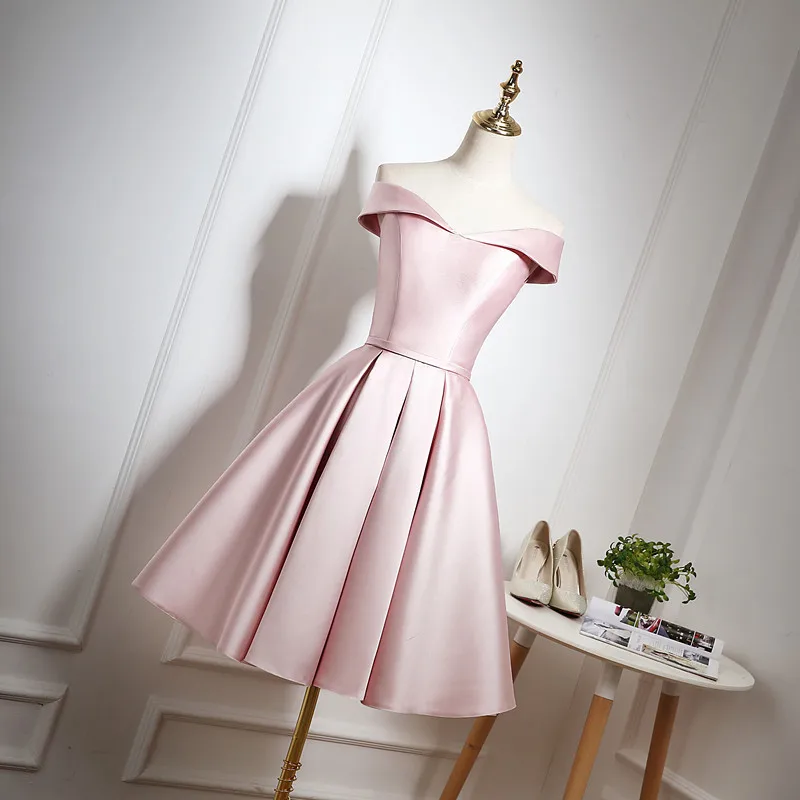 Розовый жемчуг линия платья невесты по колено простые атласные фрейлина платья дешевые Lougewear обратно в школу платья ZB046