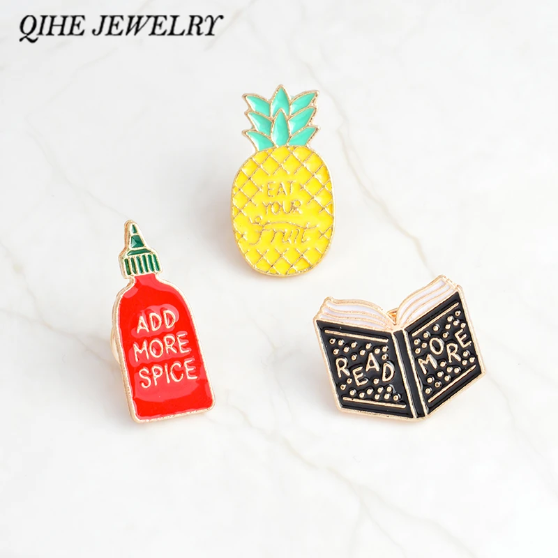

QIHE JEWELRY Enamel pins Book pineapple spice bottle pins "READ MORE,ADD MORE SPICE,EAR YOUR FRUIT" badges funny pins jewelry