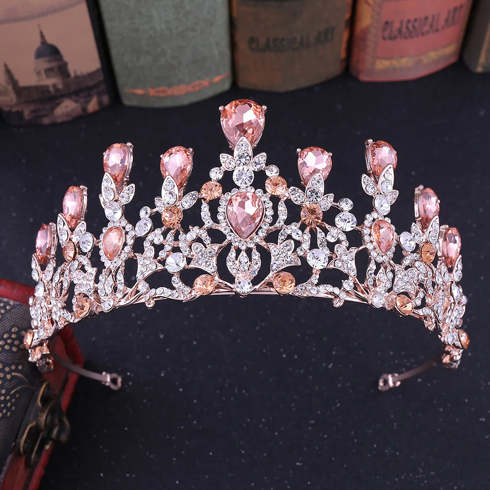 

KMVEXO Luxury Pink Crystal Leaf Wedding Crown Queen Tiara Bride Crowns Headband Bridal Accessories Diadem Marriage Hair Ornament