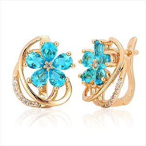 4Colors Five Petal Flower Paved Pear CZ Crystals Huggies Small Hoops Earrings for Women Yellow Gold Color Jewelry New - Окраска металла: blue