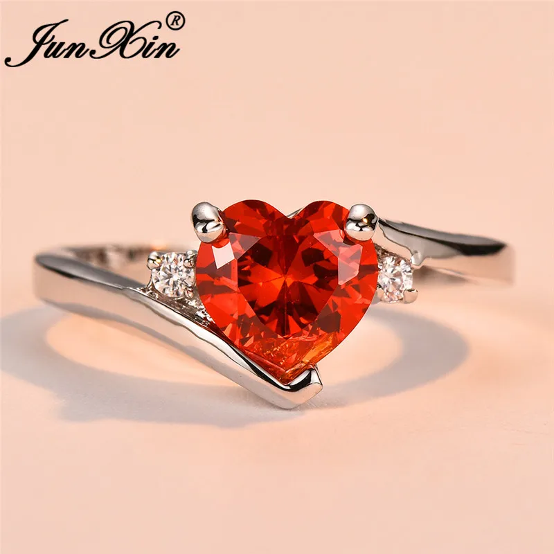 JUNXIN Blue Birthstone Heart Rings For Women White Gold Filled Purple Pink Black Zircon White Fire Opal Engagement Band Female