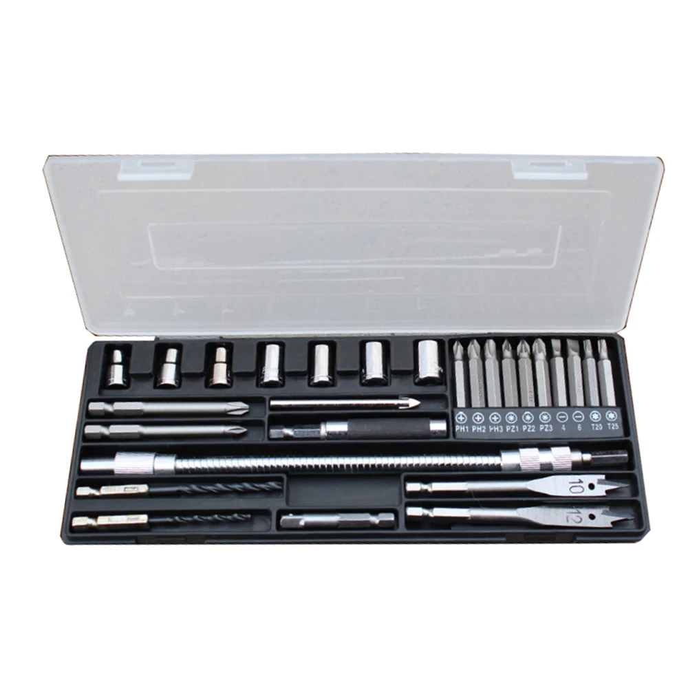 

27pcs Multi-functional Drill Bit Box Set Hardware Tools Set HSS Screwdriver Flat/Twist/Tile Drill Bits Tool Set with Storage Box