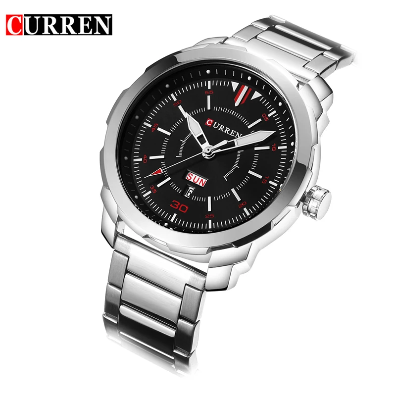 

CURREN Fashion Black Silver Military Quartz Watch Full Stainless Steel Calendar Red Week Display Mens Watch Male Clock Top Brand