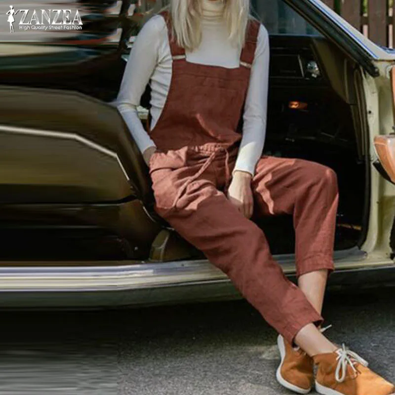

Plus Size Linen Overall Women's Jumpsuits ZANZEA 2019 Casual Drawstring Rompers Female Strap Playsuits Woman Pantalon Palazzo
