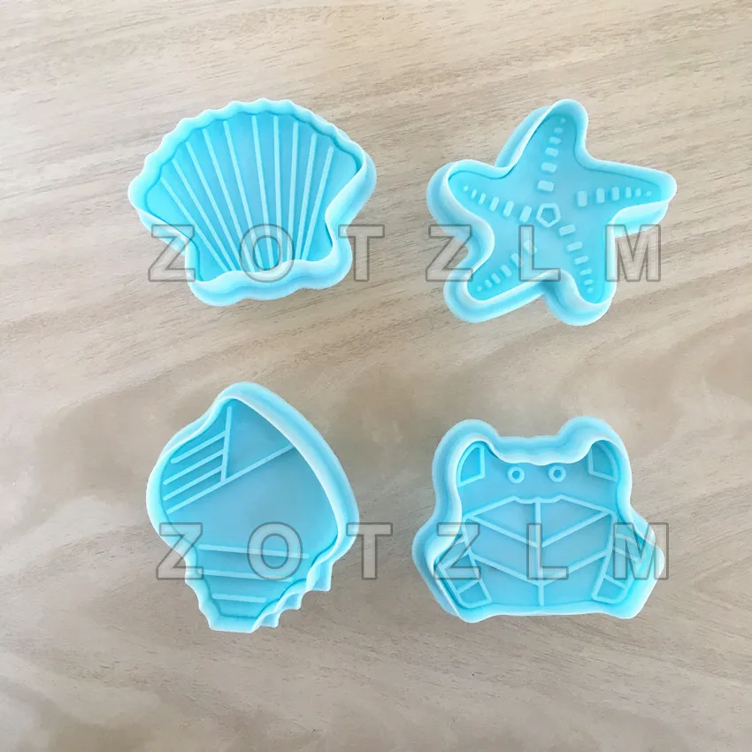 

4 pcs/set Marine Animals Shellfish Starfish Shape Plastic Cookie Cutters Pastry Cake Biscuit Mold Spring Plunger Tools SLP102