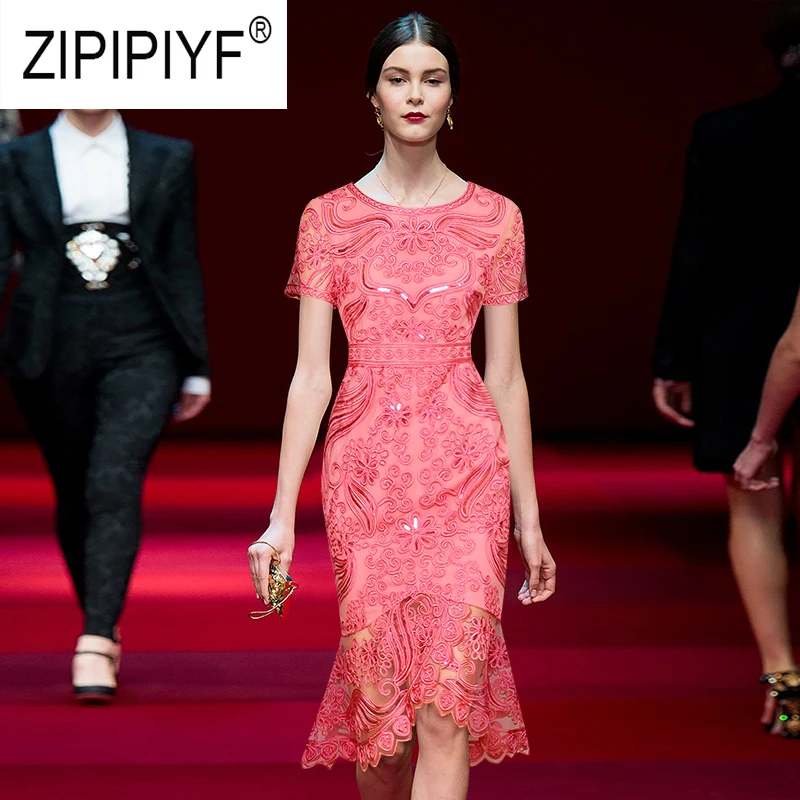 Sexy Fashion Women Dresses Embroidery Short Sleeve Hollow Out Fishtail Sequined Dresses Party Night Club Gauze Dresses Z2203