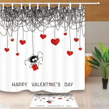 

Valentine's Day Decor, Red Hearts Hanging on the Spider Web with Gift Box Mildew Resistant Shower Curtain Set Floor Doormat