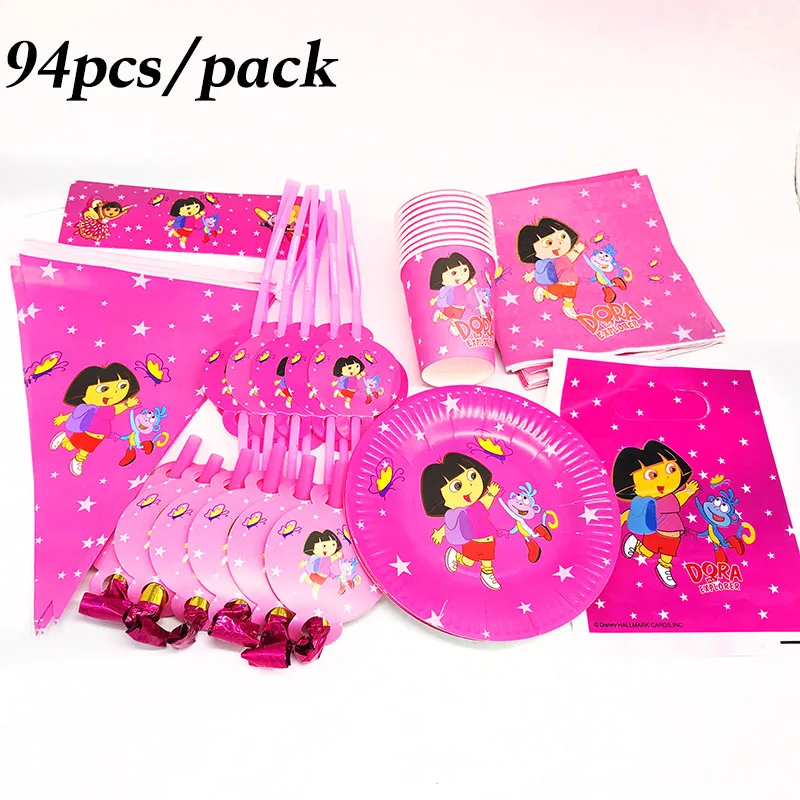 

94pcs Dora the Explorer disposable party tableware Dora theme paper plates cups napkins Dora the Explorer party decorations