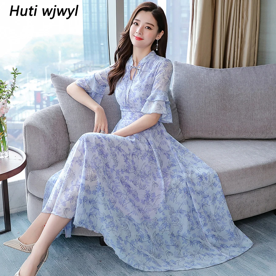 

Summer Print Beach Midi Sundress 2019 Vintage 3XL Plus Size Floral Chiffon Boho Maxi Dresses Women Elegant Bodycon Party Vestido