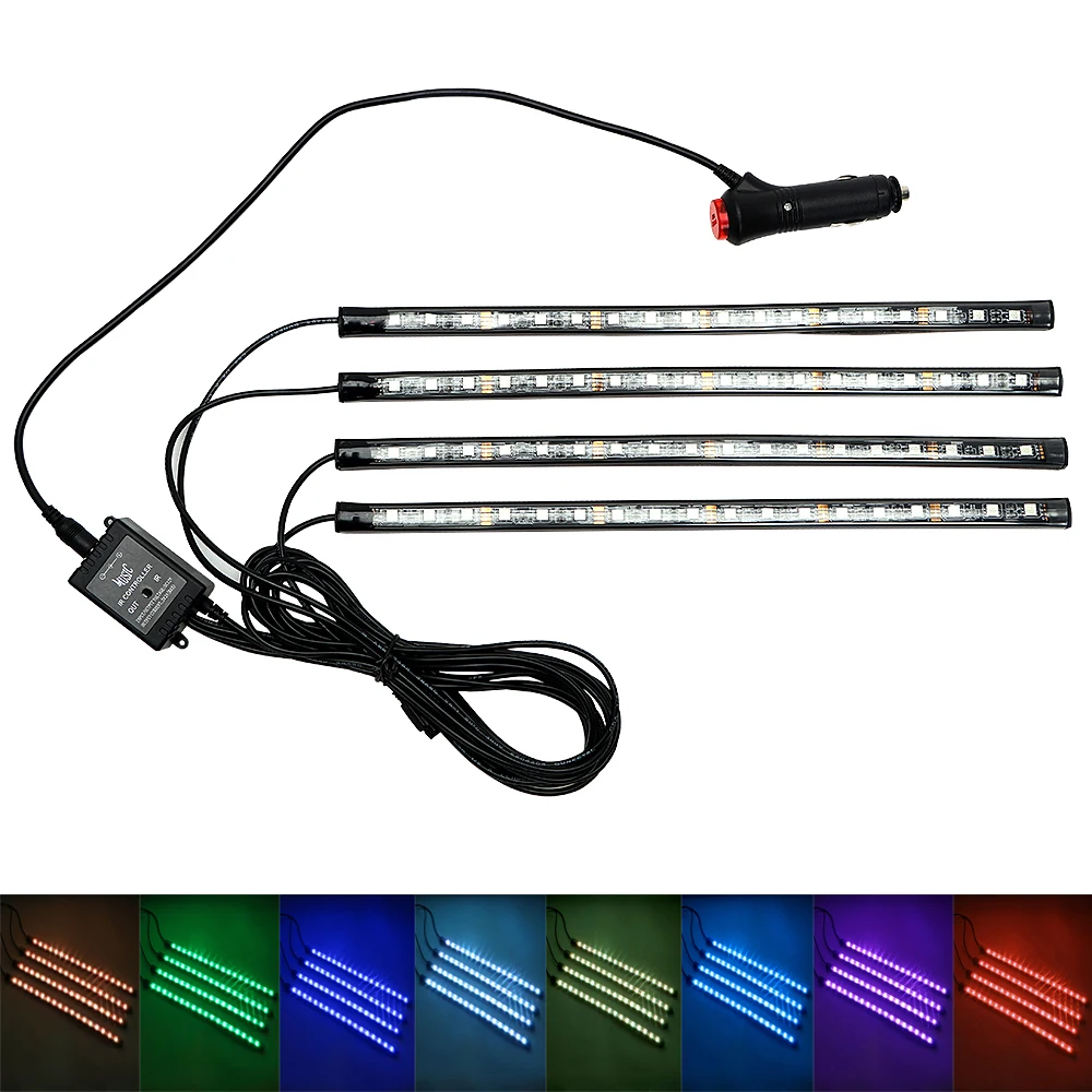 

Car Atmosphere Lamp 4 in 1 RGB LED Strip Lights 4 x 18LEDs IR Remote Control and Sound Music Control Auto Decoration Car-styling