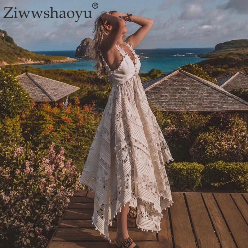 

Ziwwshaoyu Vacation Embroidery Long dresses V-Neck Hollow Out Tassel irregular Elegant Party dress Spring and summer new women's