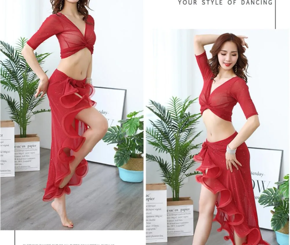 Г. летние пикантные для женщин Восточный танец наряд для практик 3 предмета живота костюм топ длинная юбка красный XL