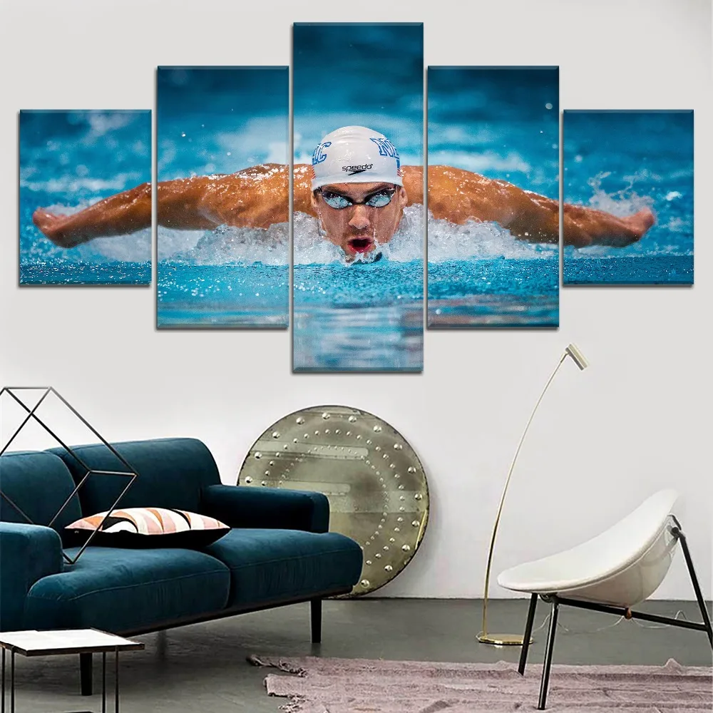 

Michael Phelps Swimmer Sport Painting 5 Piece Modular Style Picture Modern Canvas Print Type Home Decor Wall Artwork Poster