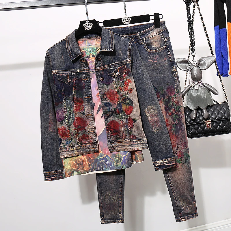 

2019 Spring and Autumn Women's Butterfly Print Retro Denim Coat Jacket + Cowboy Pants Two Piece Female Leisure Jeans Set