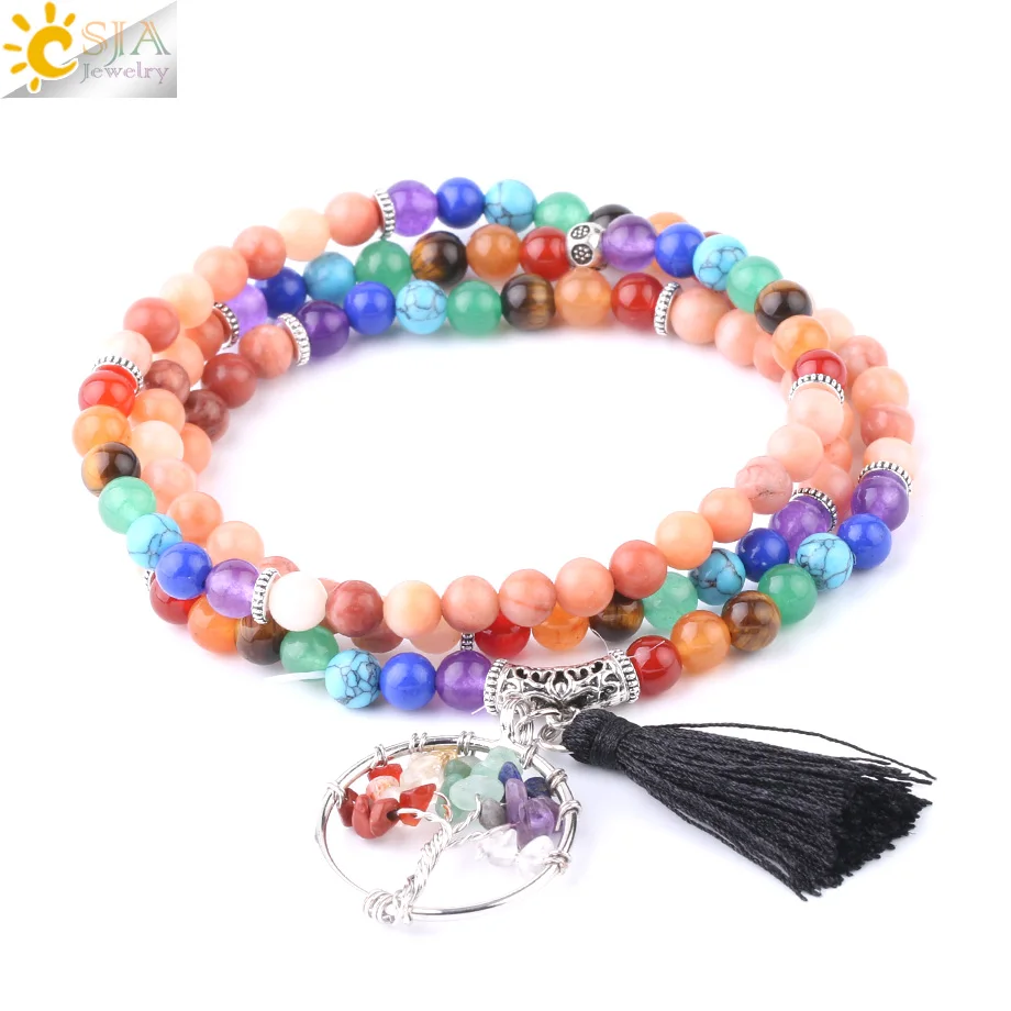 

CSJA Multilayer Chakra Bracelets for Women Reiki Natural Stone Pink Aventurine Life of Tree Tassel Mala Rosary Bead Bangle F684